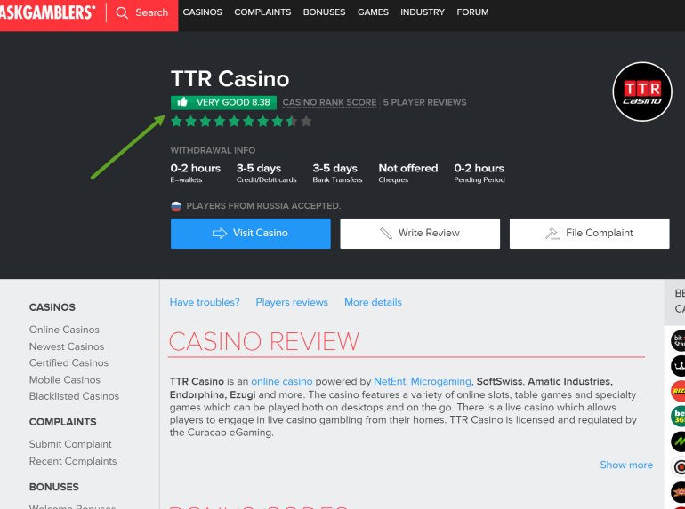 Askgamblers поставил 8.38 казино ТТР, выше многих из их сертифицированного рейтинга