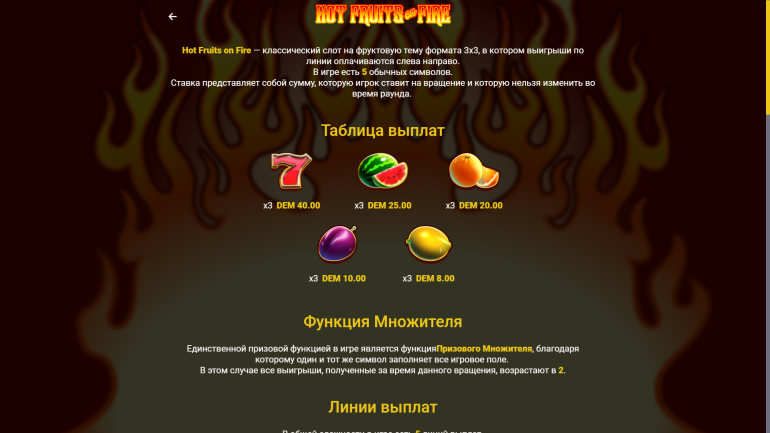 Стоимость символов в Горячие Фрукты На Огне Таблица выплат в Hot Fruits on Fire