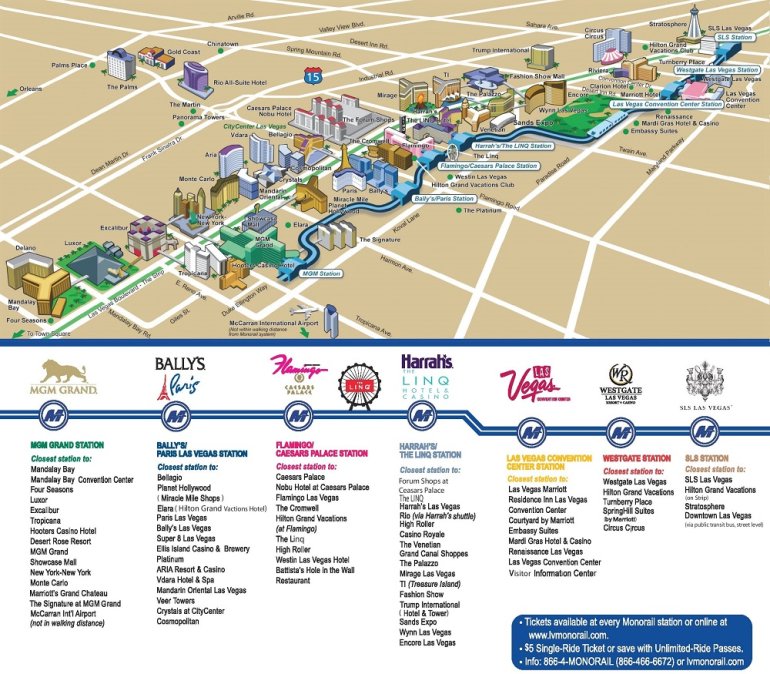 Карта Лас-Вегаса с монорельсовой дорогой