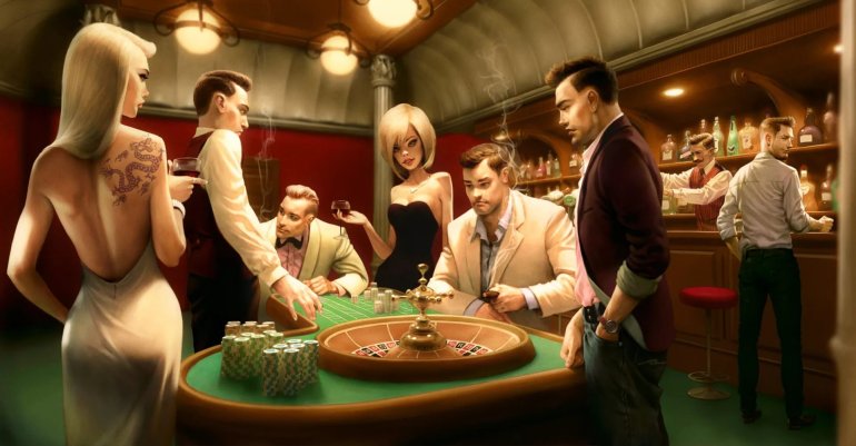 Двое роскошных блондинок и трое мужчин в дорогих костюмах играют в рулетку в казино